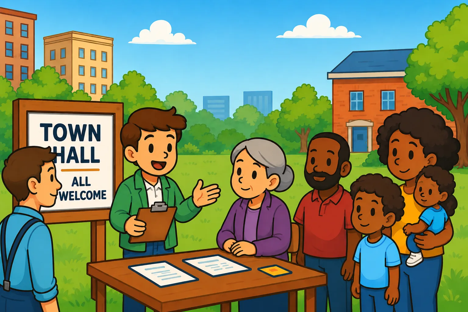 Students and community members participating in a town hall meeting.