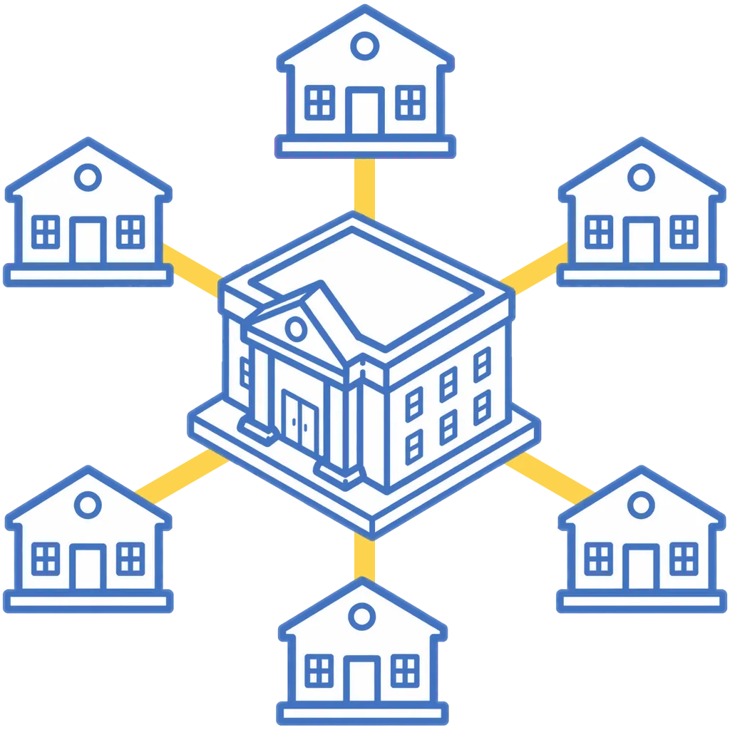 School district administration building connected to six schools, representing district-wide access to The Civics Club civics curriculum.